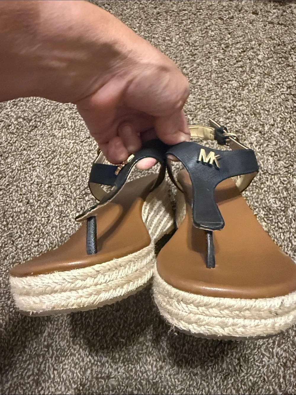 Michael Michael Kors Thong Wedge Espadrille Sandals MK Logo Black Espadrilles 7M